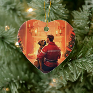 Boxer Gift, Pet Gift, Dog Fireman, Christmas Gift Ceramic Ornament
