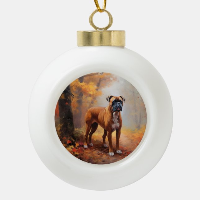 Boxer in Autumn Leaves Fall Inspire  Ceramic Ball Christmas Ornament (Front)