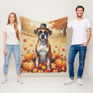 Boxer In Autumn Leaves Thanksgiving Art Fleece Blanket