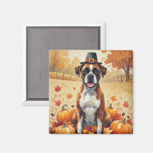 Boxer In Autumn Leaves Thanksgiving Art Magnet