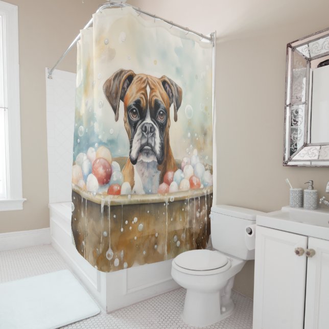 Boxer In Bathtub Watercolor Dog Art (In Situ)