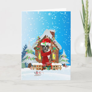 Boxer in snow with Christmas gifts Card