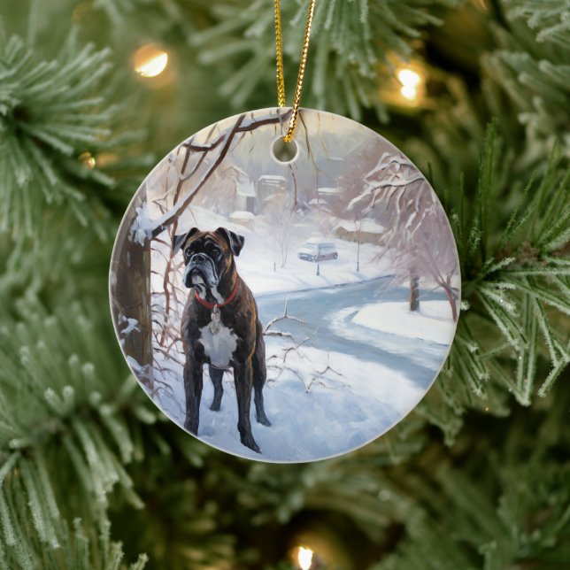 Boxer Let It Snow Christmas Ceramic Ornament (Tree)