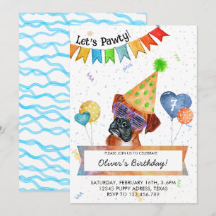 Boxer Lets Pawty Dog Birthday Party Invitation