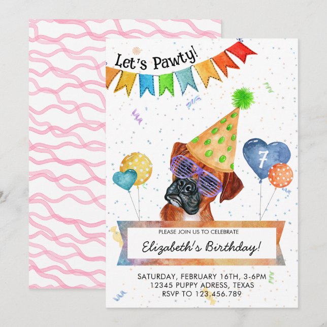 Boxer Lets Pawty Dog Birthday Party Invitation (Front/Back)