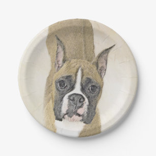 Boxer Painting - Cute Original Dog Art Paper Plate