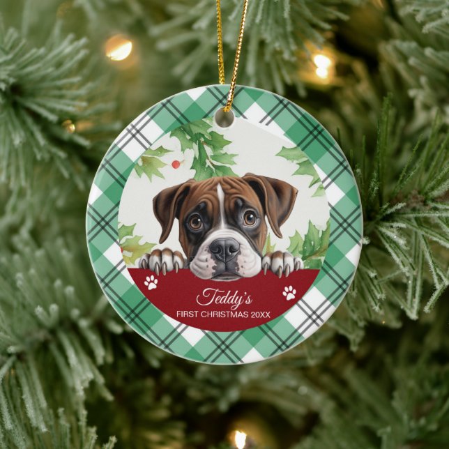 Boxer Personalized First Christmas Ceramic Ornament (Tree)