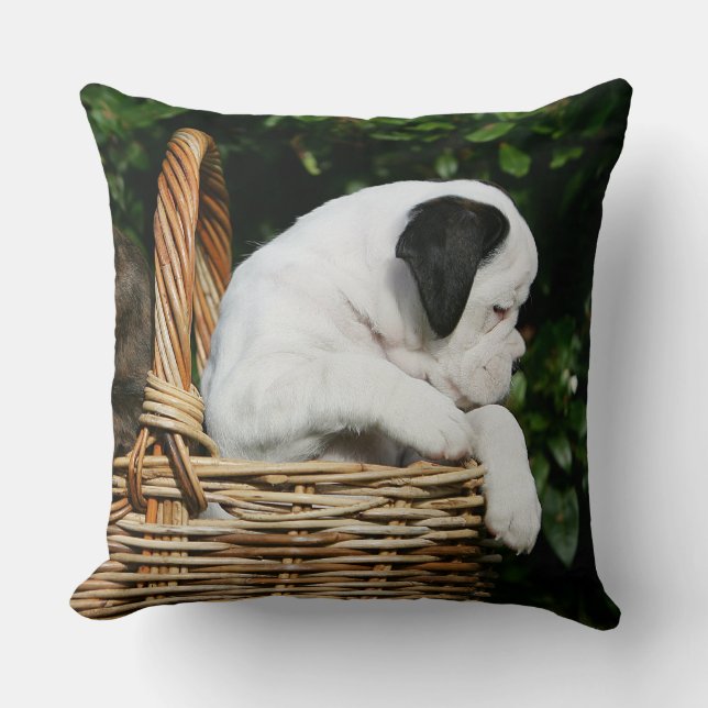 Boxer Puppies in Basket Throw Pillow (Front)