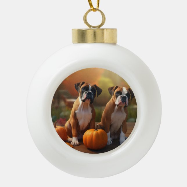 Boxer Puppy Autumn Delight Pumpkin  Ceramic Ball Christmas Ornament (Front)