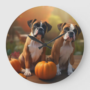 Boxer Puppy Autumn Delight Pumpkin  Large Clock