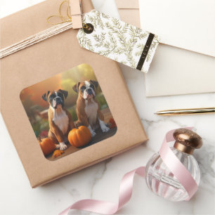 Boxer Puppy Autumn Delight Pumpkin  Square Sticker