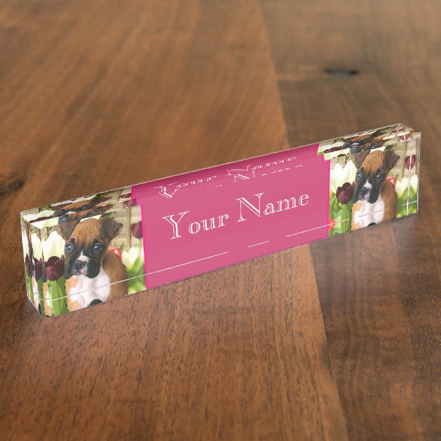 Boxer puppy in tulips nameplate (Side)