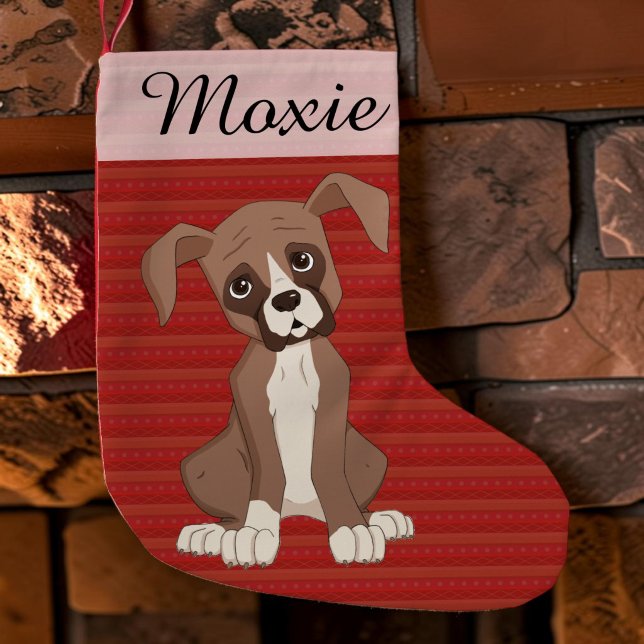 Boxer puppy on a Red Christmas Pattern Small Christmas Stocking (A boxer puppy cartoon portrait on a personalized red christmas stocking, hanging from the mantle.)