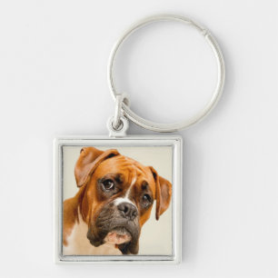 Boxer puppy on ivory cream backdrop. keychain