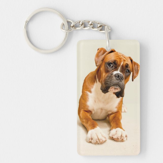 Boxer puppy on ivory cream backdrop. keychain (Front)
