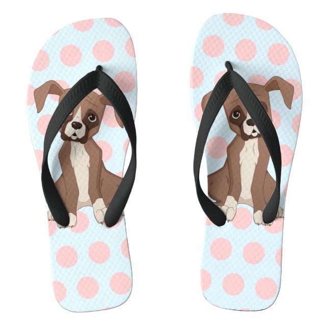 Boxer puppy on Pink Polka Dots Flip Flops (Footbed)