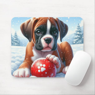 Boxer Puppy Playing With a Red Ball in a Winter Mouse Pad
