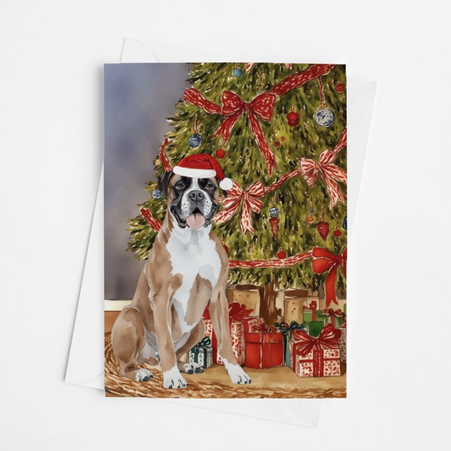 Boxer Puppy Watercolor Under Christmas Tree Card (Creator Uploaded)