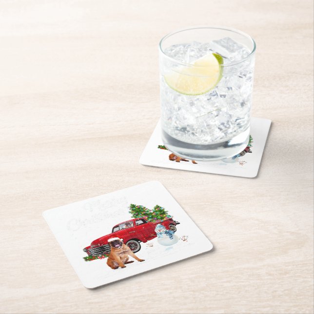 Boxer Red Truck Merry Christmas Snowman Dog Lover Square Paper Coaster (Insitu)