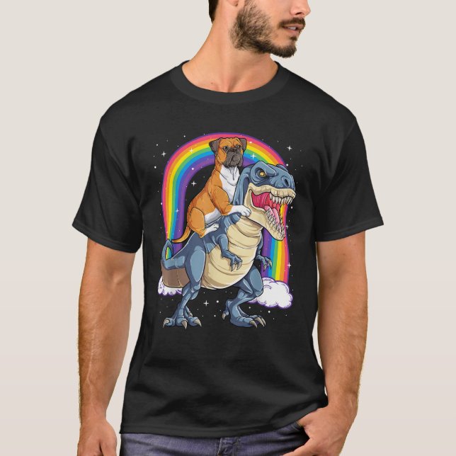Boxer Riding Dinosaur T rex Gift Dog Lover Boys Ki T-Shirt (Front)