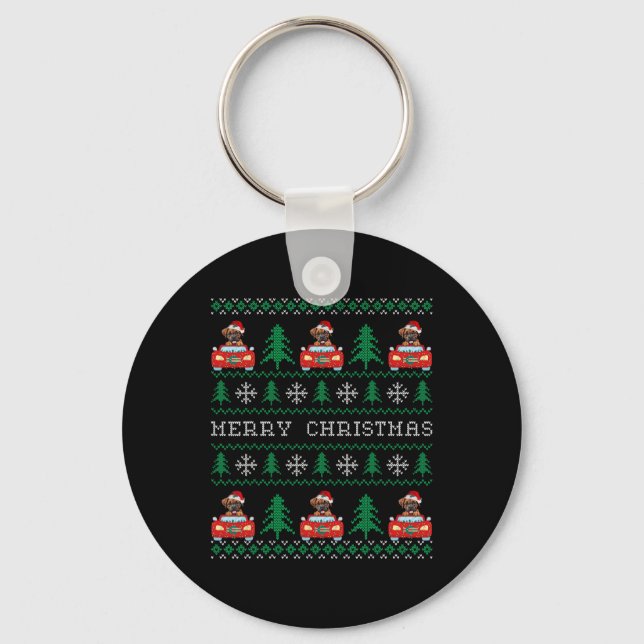 Boxer Riding Red Car Ugly Christmas Sweater Dog  Keychain (Front)