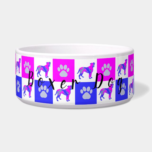 Boxer Silhouette Dog & Paw Hot Pink and Blue Bowl (Front)
