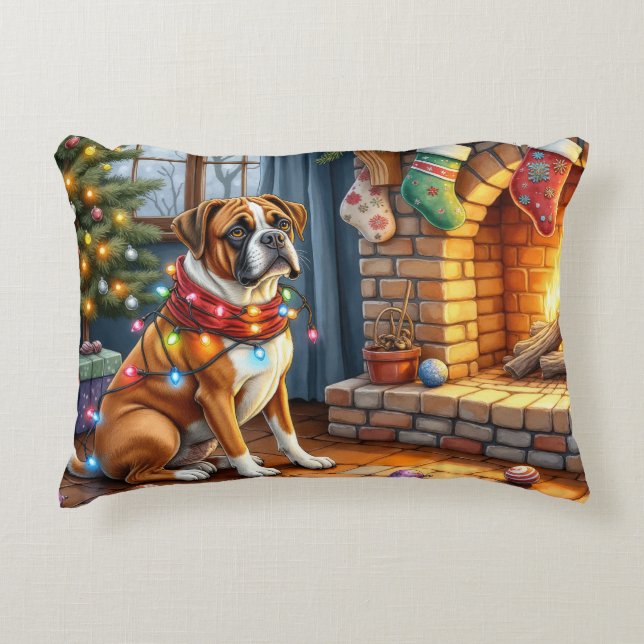 Boxer Sitting by Fireplace with Christmas Lights Accent Pillow (Front)