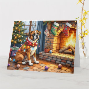 Boxer Sitting by Fireplace with Christmas Lights Card