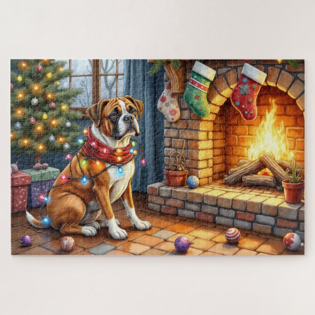 Boxer Sitting by Fireplace with Christmas Lights Jigsaw Puzzle (Horizontal)