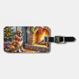 Boxer Sitting by Fireplace with Christmas Lights Luggage Tag