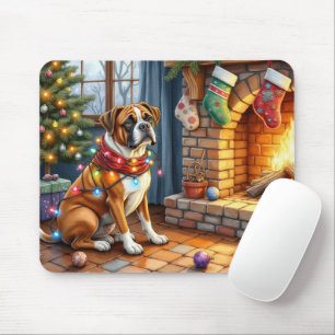 Boxer Sitting by Fireplace with Christmas Lights Mouse Pad