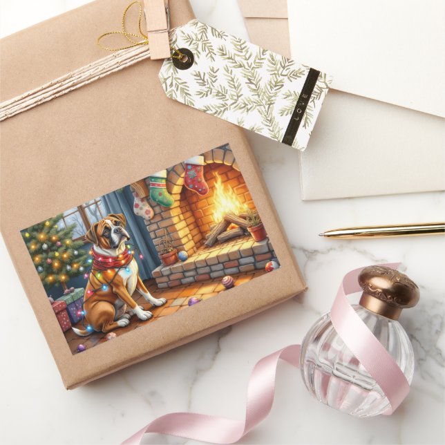 Boxer Sitting by Fireplace with Christmas Lights Sticker (Gifting)
