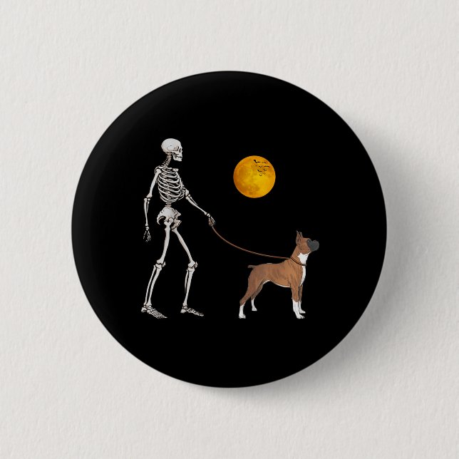 Boxer Skeleton Dog Walking Halloween Costume 2 Inch Round Button (Front)