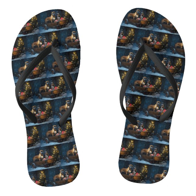 Boxer Snowy Sleigh Christmas Decor Flip Flops (Footbed)