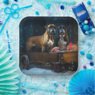 Boxer Snowy Sleigh Christmas Decor Paper Plate