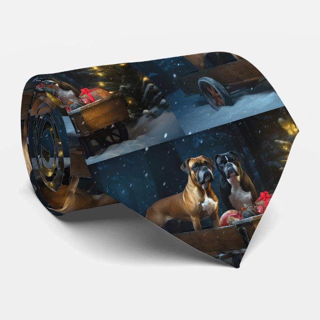 Boxer Snowy Sleigh Christmas Decor Tie (Rolled)