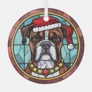 Boxer Stained Glass Christmas  Glass Ornament