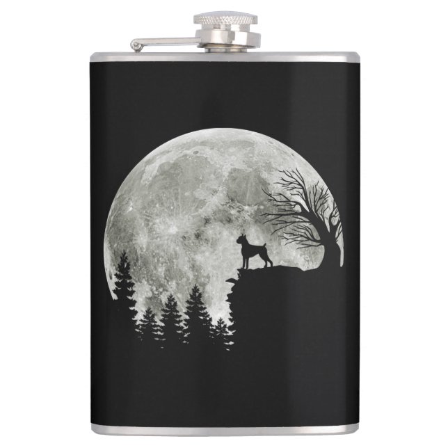 Boxer Standing on Mountain Moon Light Halloween Hip Flask (Front)