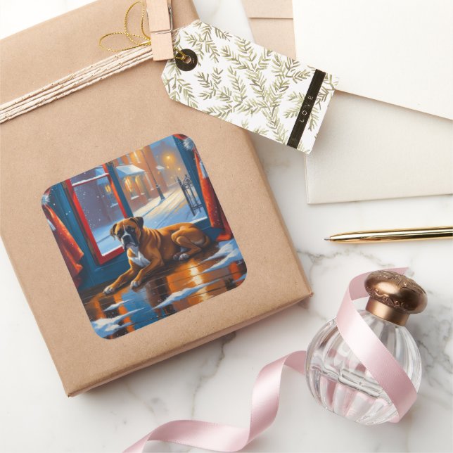Boxer with Christmas Lights Holiday Square Sticker (Gifting)