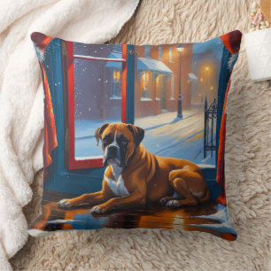 Boxer with Christmas Lights Holiday Throw Pillow