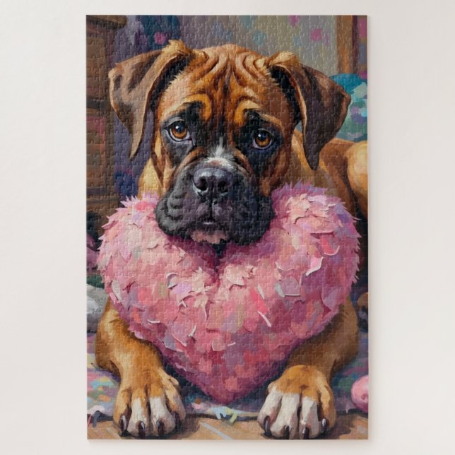 Boxer with Oversized Plush Heart Valentine's Day Jigsaw Puzzle (Vertical)