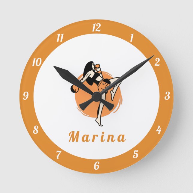 Boxing Martial Arts Girl Boxer Orange Kids Name    Round Clock (Front)
