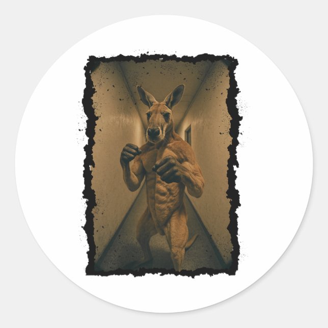 Boxing Retro Kangaroo Standing In The Hallway Fun  Classic Round Sticker (Front)
