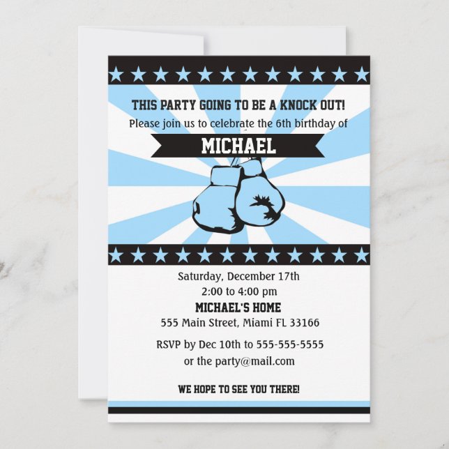 Boxing Sports Boy Birthday Invitation Blue (Front)