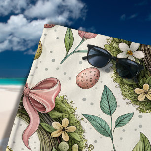 Boxwood Easter Wreath Pink Bow with Egg Beach Towel