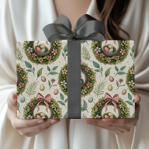 Boxwood Easter Wreath Pink Bow with Egg Wrapping Paper