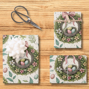 Boxwood Easter Wreath Pink Bow with Egg Wrapping Paper Sheet