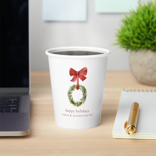 Boxwood Greenery Christmas Wreath Red Bow Paper Cups (Insitu)