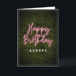 Boxwood Pink Neon Sign Happy Birthday Card<br><div class="desc">Pink neon sign inspired "Happy Birthday" text over boxwood inspired background with white trim.  Name personalized in white.</div>