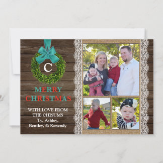 Boxwood Wreath Christmas Card with 3 Family Photos